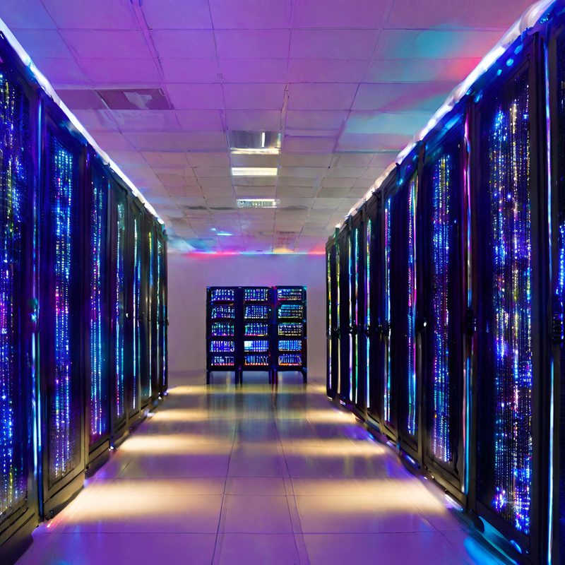 Server room aisle with blue-lit racks